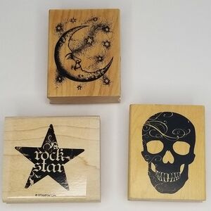 Wooden Rubber Stamp Lot- Moon & Stars- Skull- Rockstar Stampin Up/Inkadinkado